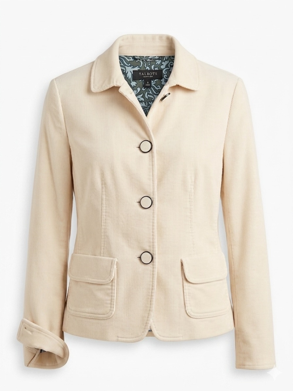 Talbots Vintage Style Ivory Corduroy Button Front Jacket Blue Damask Lining Sz 8